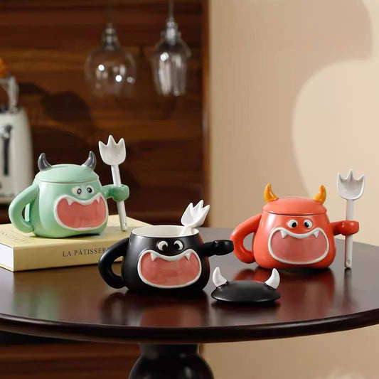 Cute Monster Animal Ceramic Coffee Mug Tea Cup with Lids&Spoons